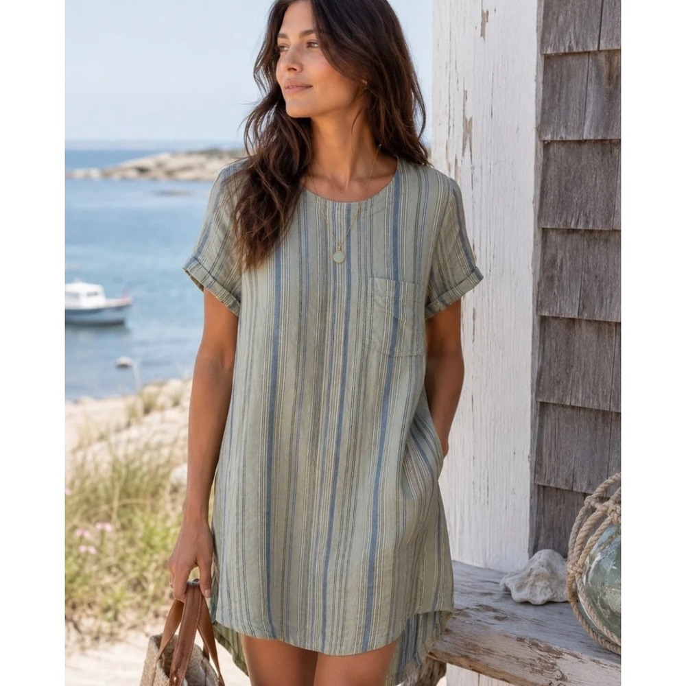 Cloth & Stone Anthropologie Linen Blend Striped Shift Dress Sage Blue XS Coastal